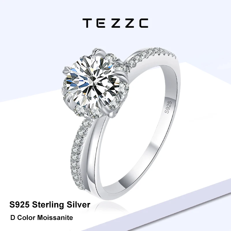 

Обручальное кольцо Tezzc 1 карат из стерлингового серебра 925 пробы с круглым муассанитом и сертификатом GRA для женщин