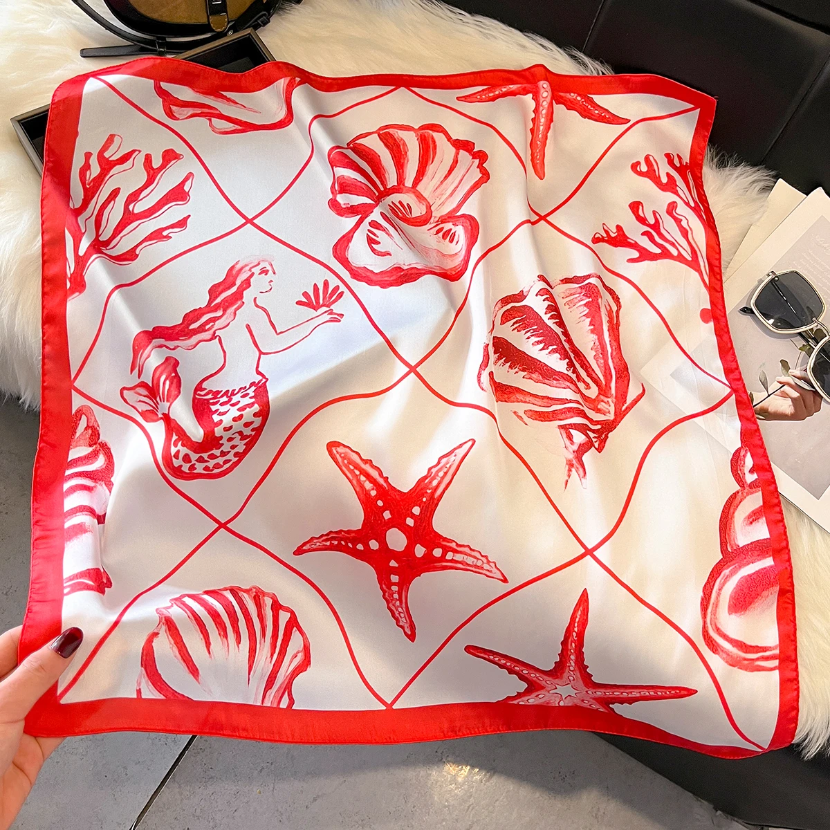 Modische Seidenschals mit Ozeanmuschel-Muster für Damen, Weiche Halstücher, Hijab-Kopftücher, Foulard-Bandanas, Dekorative Schals – Detail 3