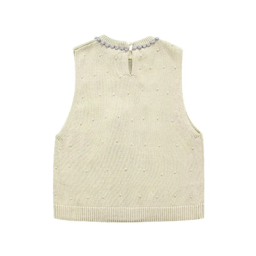 Women's Artificial Pearl And Jewelry Inlaid Knitted Top