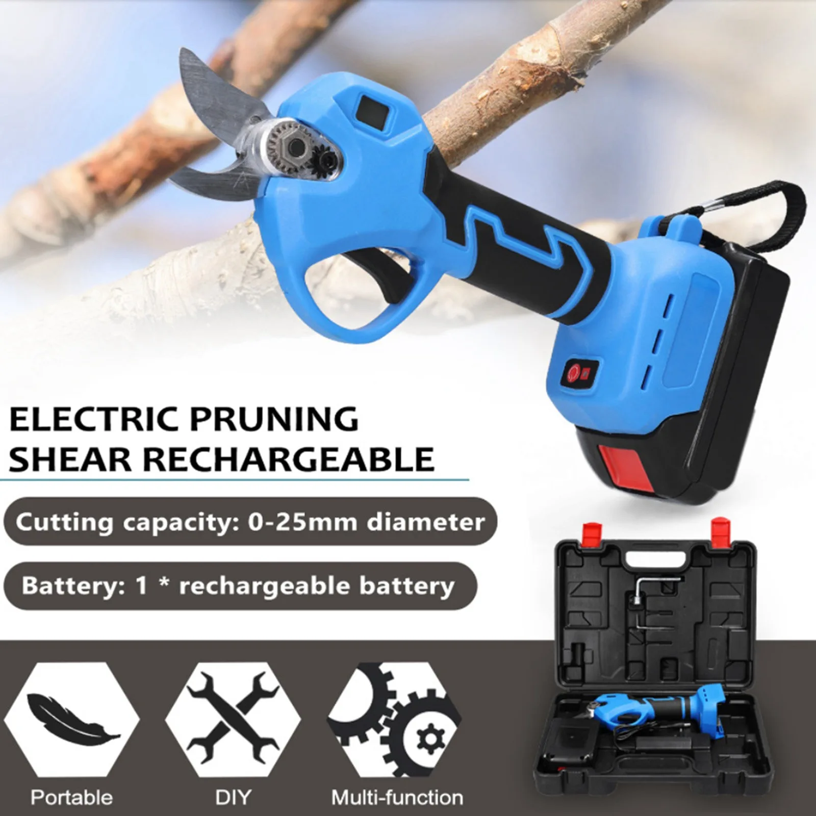 21V Electric Pruning Shears 2.5mm Digital Cordless Pruner Garden Fruit Tree Bonsai Branches Cutter Power Tool with 1 Battery