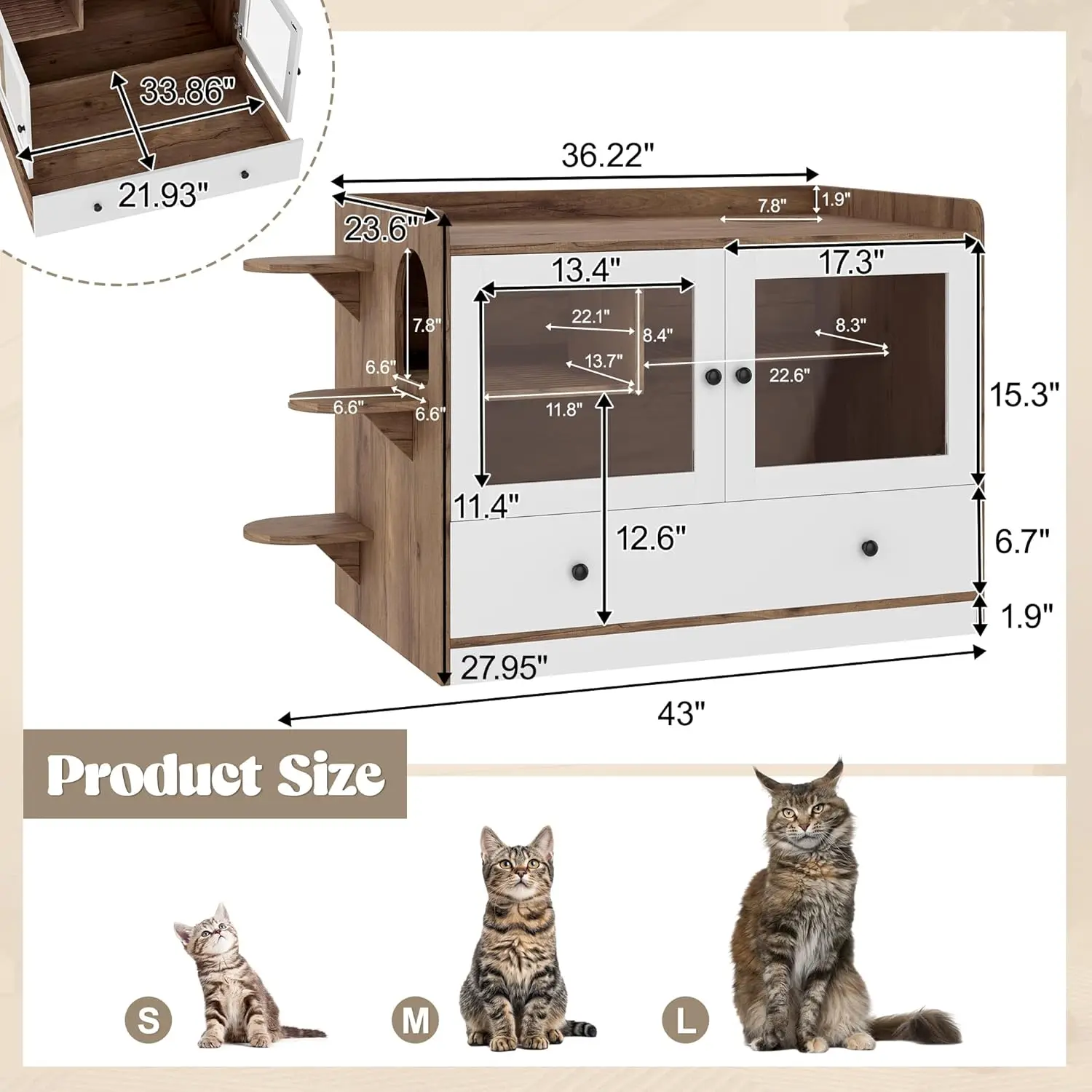 Wooden Hidden Cat Litter Box Enclosure With Drawer & Stairs, Pet Washroom For Bedroom, Indoor Side Table Cabinet For Living Room