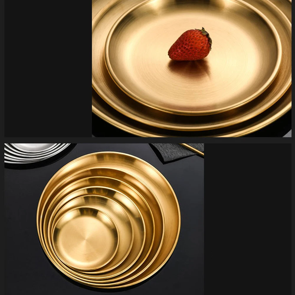 1Pc Stainless Steel Round Plate Bone Spitting Dish Shallow Tray Metal Camping Plate Dining Disc BBQ Picnic Dishes Cookware
