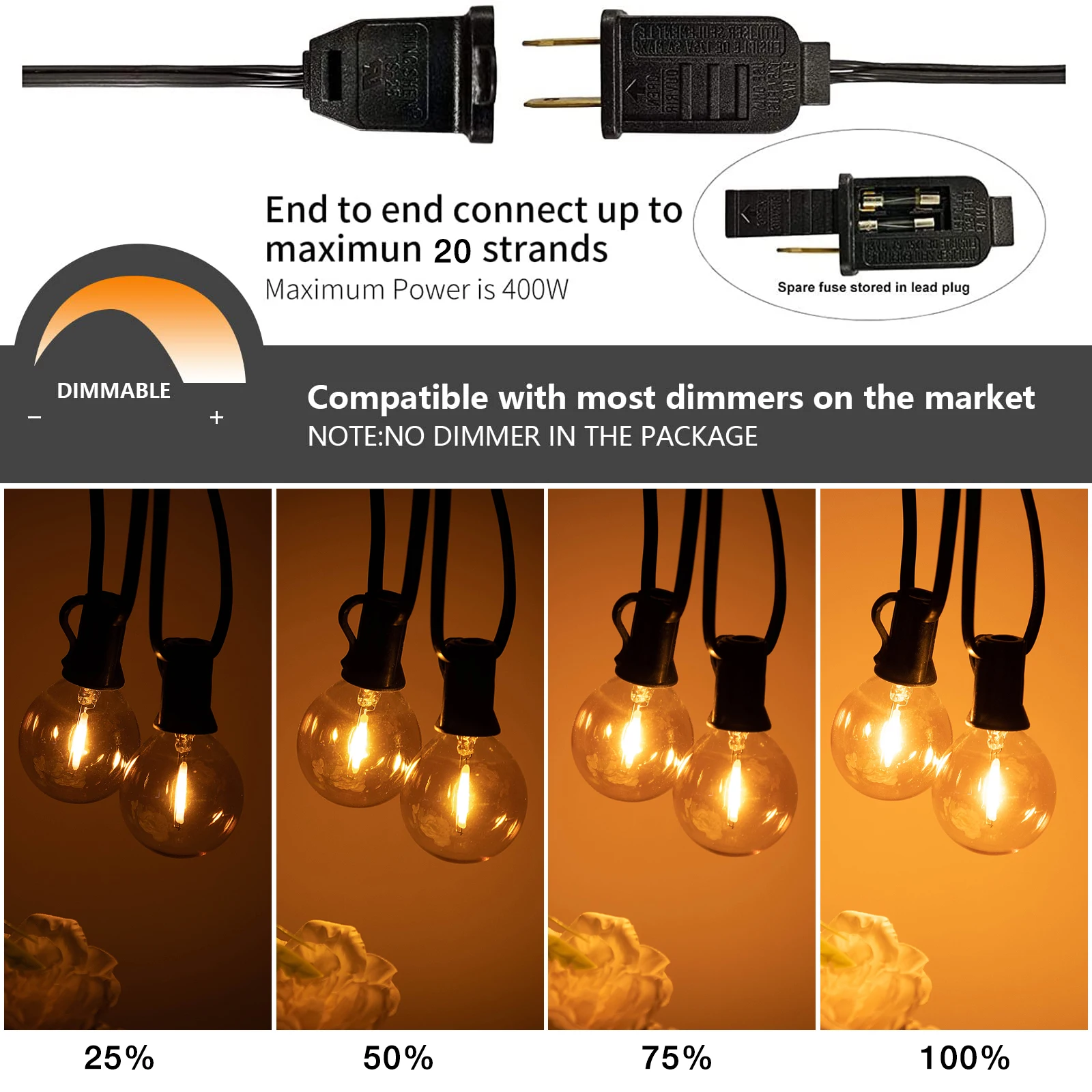 GANRILAND-Guirxiété lumineuse LED G40, 25 pieds 50 pieds, ampoule en verre ambré, intensité variable 2200K, connectable US EU Plug, décoration de fête et de mariage, lumière dégradée