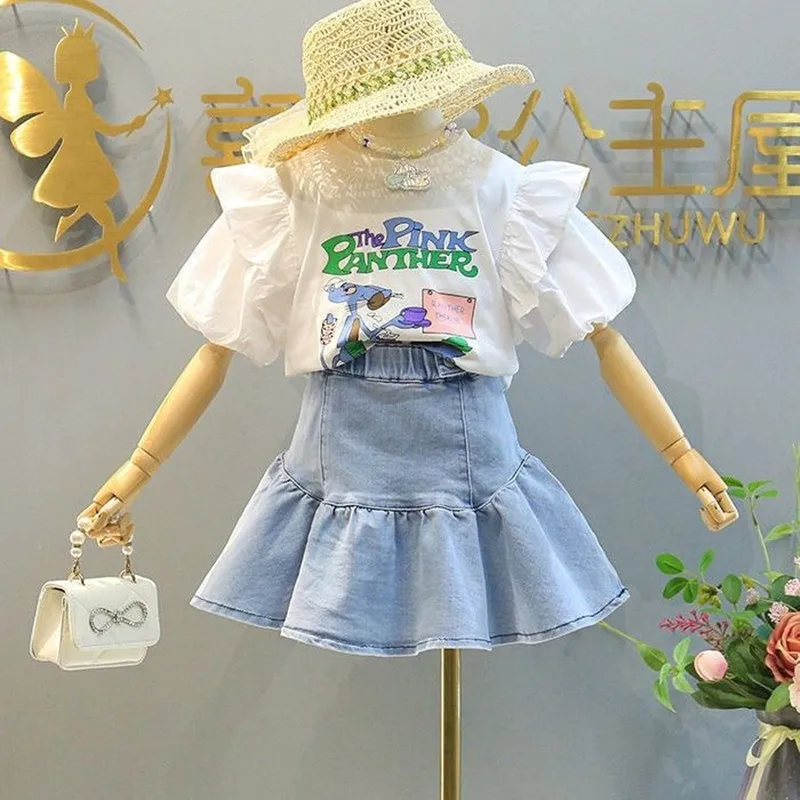 Girls Denim Skirt Set 2023 Summer New Children\'s Korean Version Ruffled Short Skirt T-shirt 2-piece Girls\' Baby Clothes Set