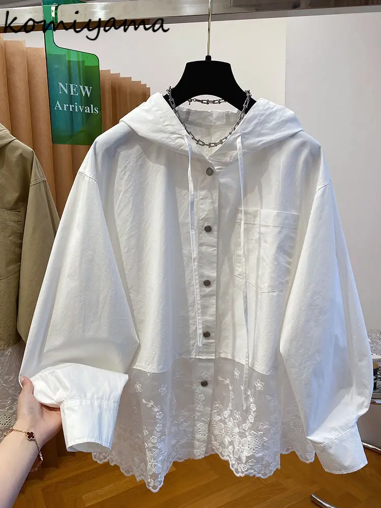 

Hooded Long Sleeved Woman 2025 Shirts & Blouses Lace Spliced Blusas Mujer New Loose Ropa Single Breasted Clothing Camisas