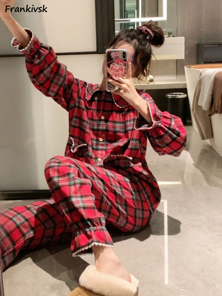 Plaid Pajama Sets Women Loose Cute Spring Korean Style Panelled Pockets Homewear Daily All-match Youthful Vitality Leisure Ins