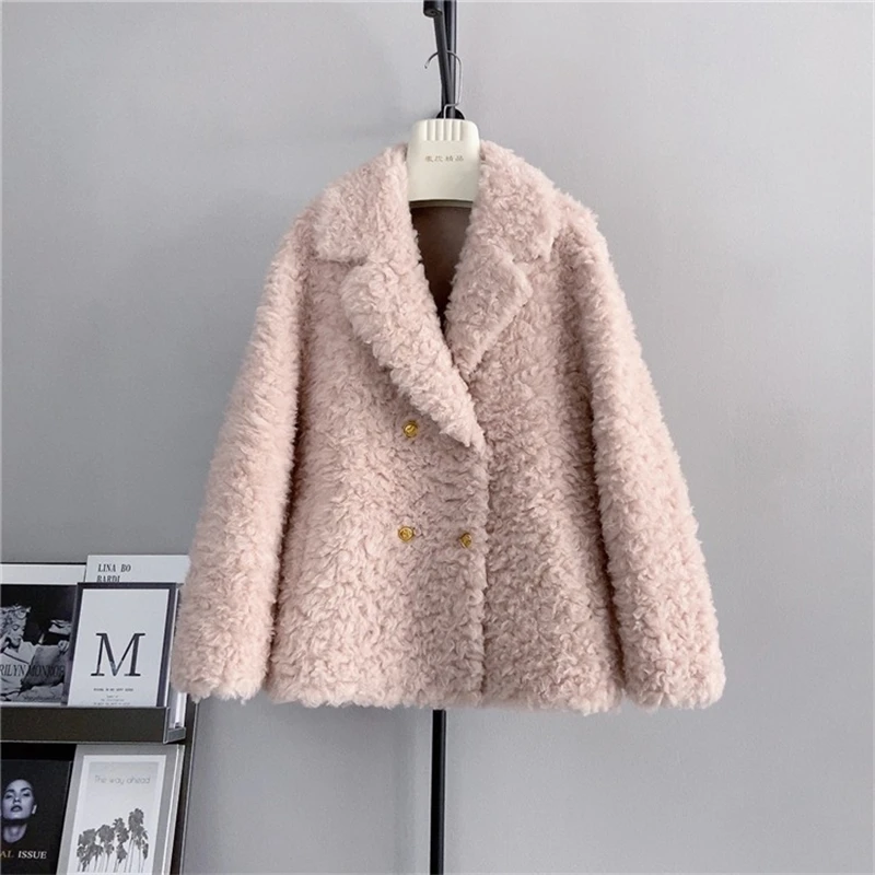 Traje de piel de lana Real para mujer, chaqueta de cuello de oveja, abrigo informal corto cálido, PT487, invierno, nuevo, 2023