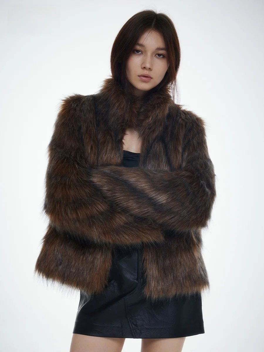 

Eco-Friendly Brown Fur Collar Women's Jaet ort Sle Casual Outerwear Winter Warm Long Sve Stand up Collar Coat