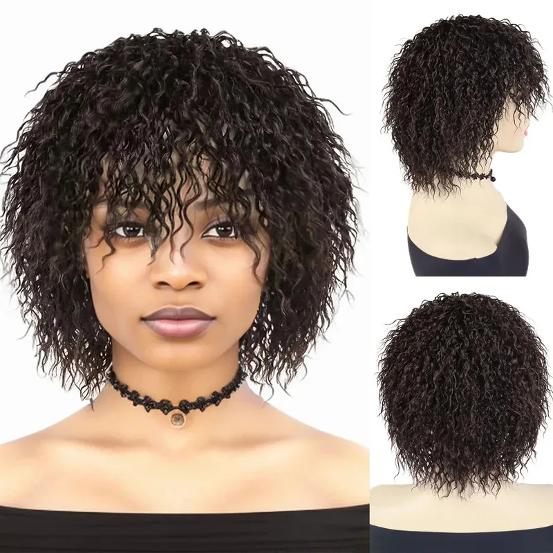 

Synthetic Short Curly Brown Wigs for Black Women Fluffy Hair Wigs with Bangs Daily Party Cosplay Costume Heat Resistant Fiber