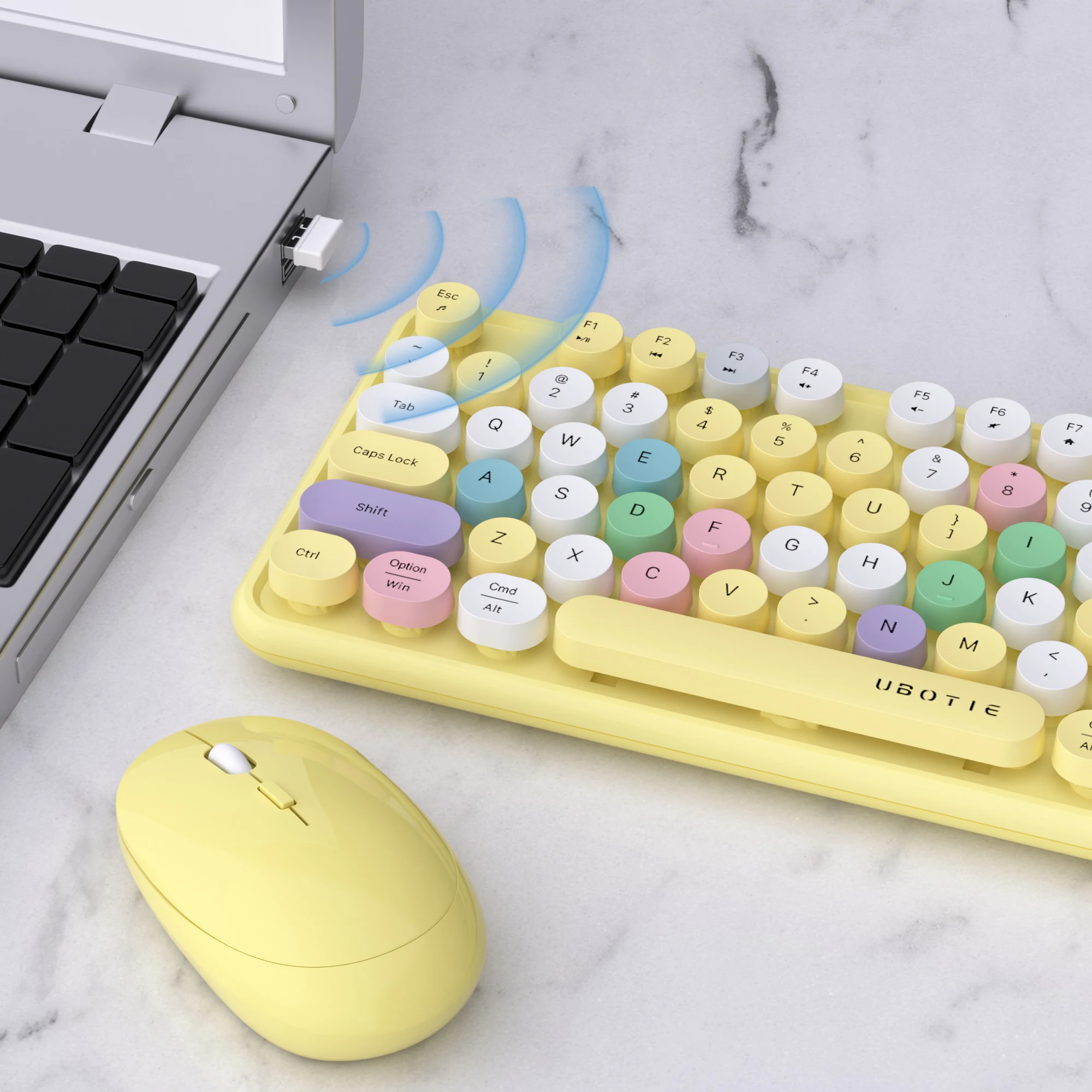 Imagem -03 - Ubotie-combinação de Mouse e Teclado sem Fio Teclado Retrô Redondo Ergonômico com Teclado Numérico Máquina de Escrever para Menina Amarelo