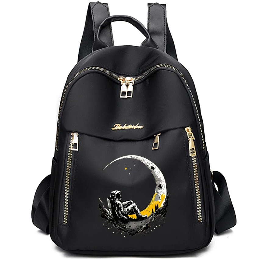 

Women Fashionable Oxford Cloth Backpack Landing Moon Pattern Print Large Capacity Travel Bag Cute Girl College Style Backpack