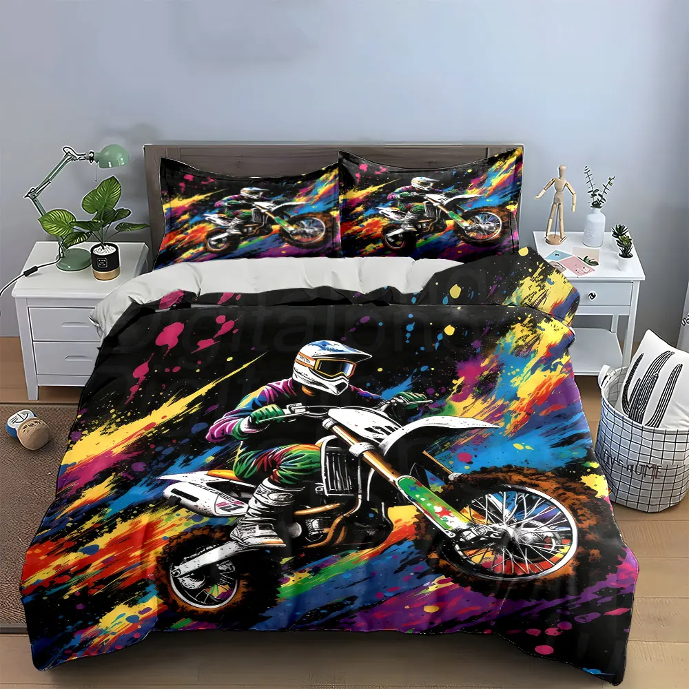 Colorful Motocross Art Prints Soft Skin-Friendly Bedding Set Includes 1 Duvet Cover And 2 Pillowcase, Gift