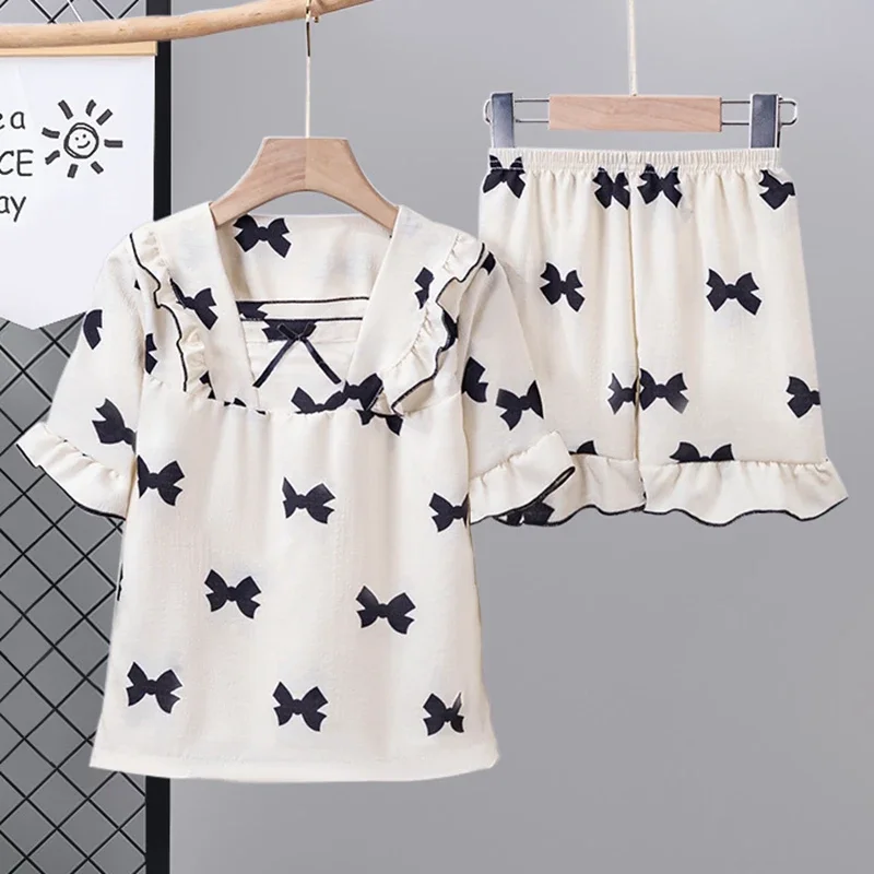 

Girls Cute Bowknot Heart Cartoon Pajamas Children's Short Sleeve V-neck Sleepwear Kids Summer Thin Casual Clothing Sets Pyjamas