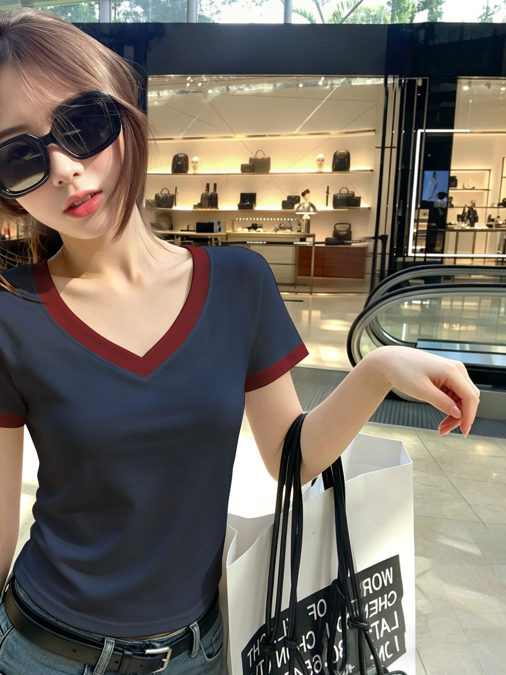 Slim Fit V-Neck Short Sleeve T-Shirt Women's Stylish Summer Fashion Cotton Blend Color Block Top Versatile Casual Wear