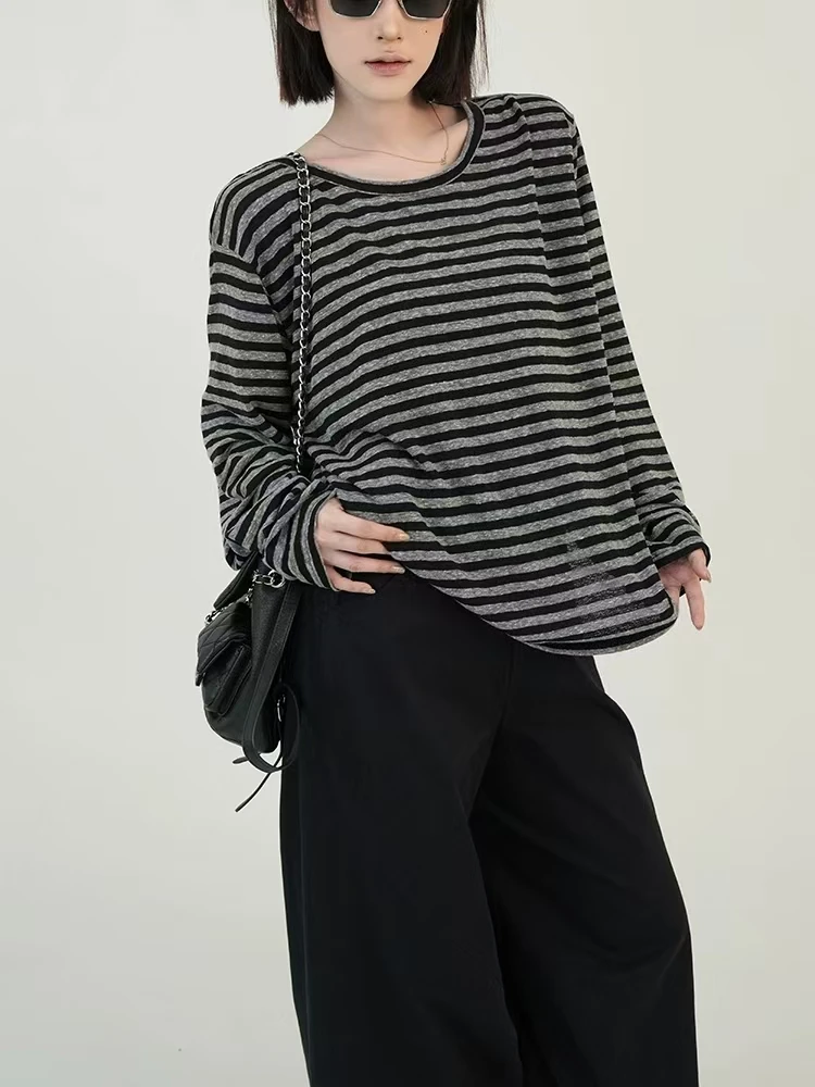 Herbst Frauen Harajuku Gestreiften T-shirt Lange Hülse O-ansatz Casual Oversize Top Femme Streetwear Schwarz Grau Lose Straße Tops Y2K – Detail 24