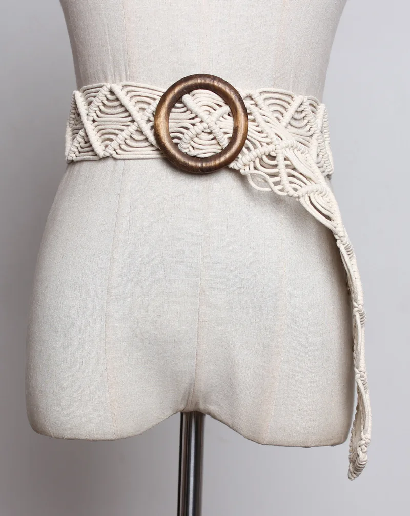 

Ladies' Fashion Wax Rope Weaving Round Buckle Posey Wide Belts Woman Ethnic Style Waist Chain Belt Dress Waistband