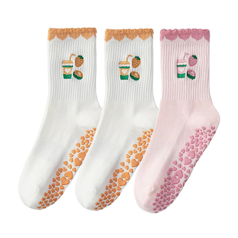 3 pairs of cartoon-themed milk tea embroidered anti-slip yoga socks for women, suitable for Pilates, dynamic fitness, floor exer