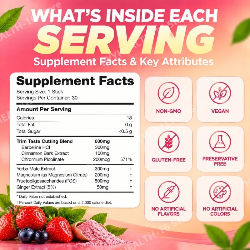 Berberine Yerba Mate Drink Mix with Magnesium, Chromium, FOS & Ginger, Strawberry Acai, Metabolism & Energy Support, 30 Sticks