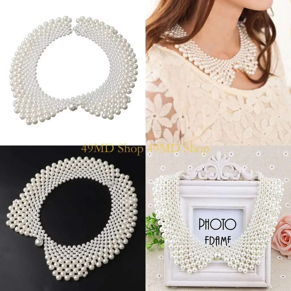 49MD Ethnic Handmade Woven Beading False Collar Imitation Pearl Jewelry Women Bib Cho