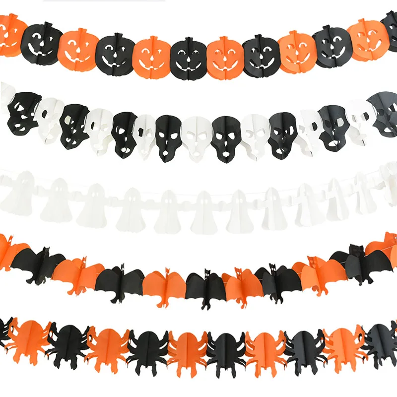 Halloween Pumpkin Skeleton Skull Ghost Spider Bat Paper Garland Halloween Decoration for Home Haunted House Bunting Banner Flags