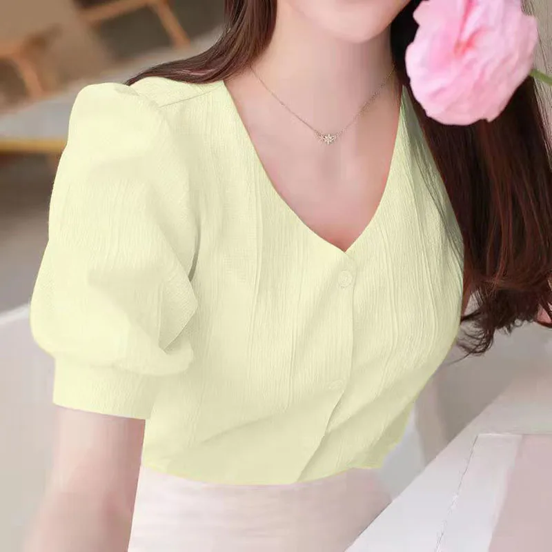 Elegant V-Neck Button Puff Sleeve Sweet Blouse Women\'s Clothing 2023 Summer New Loose Casual Tops All-match Office Lady Shirt