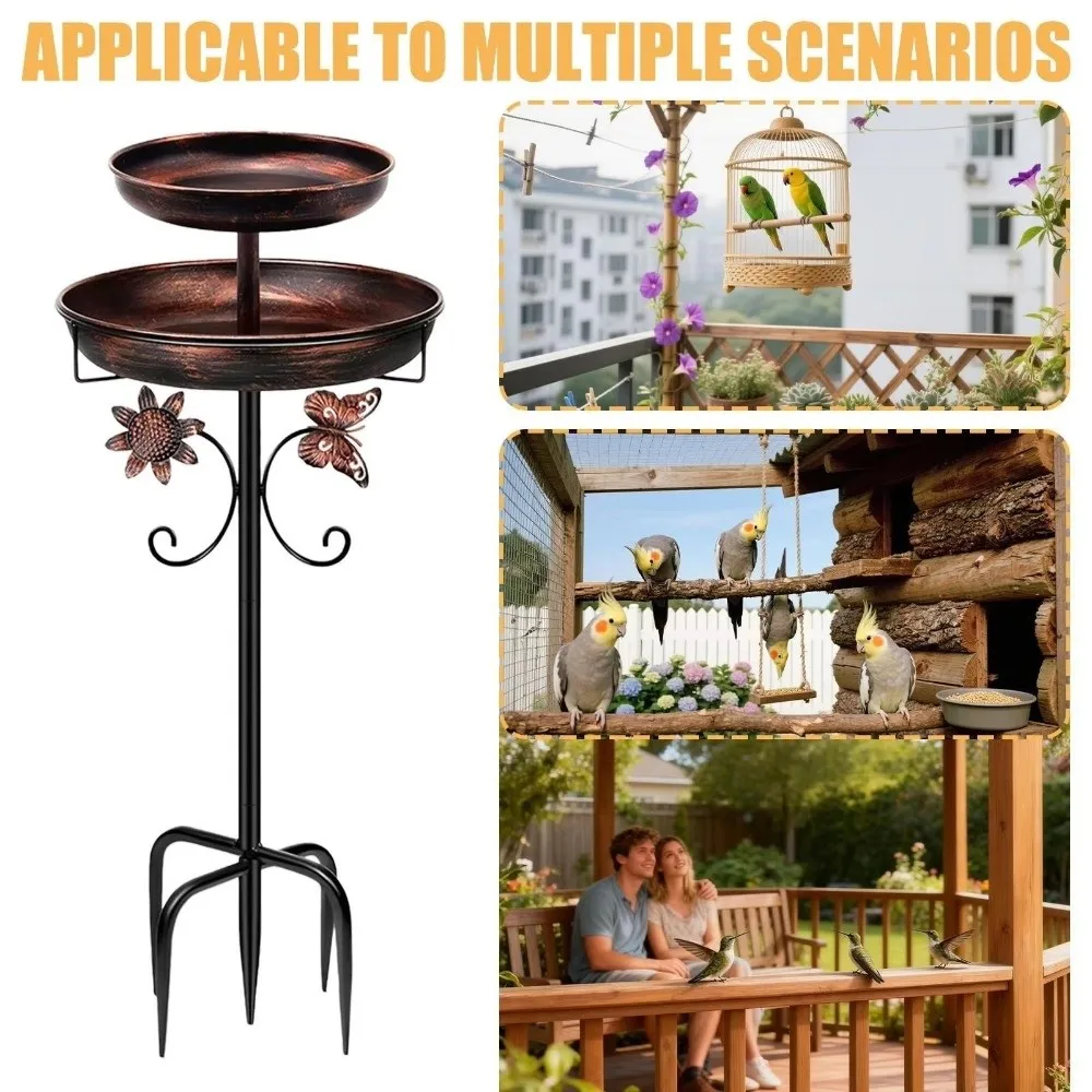 Metal Bird Bath Feeder Set Rust Resistant Dual-Layer Design Garden Bird Feeder Four-Prong Ground Stakes Vintage Style