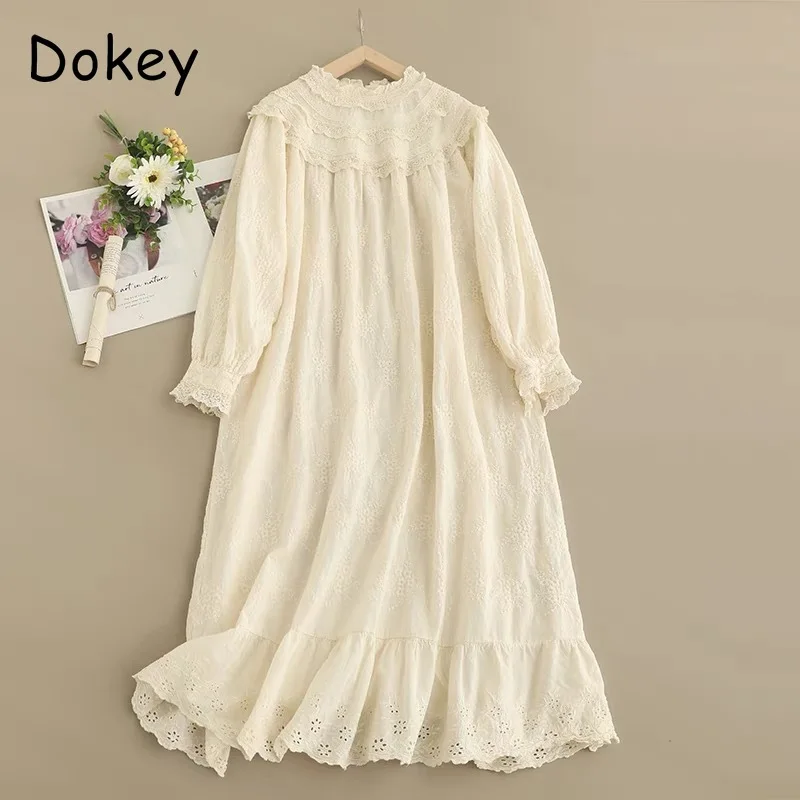 Vintage Embroidery Hollow Out Cotton Linen Dress Women Spring Mori Girl Lace Ruffled Casual Long Sleeve Loose Pullover Vestidos