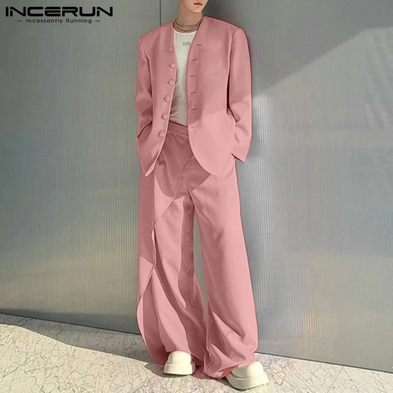 INCERUN 2024 Korean Style Fashion Sets Handsome Men's Solid Tops Long Pant Casual Streetwear Male All-match Two piece Sets S-5XL