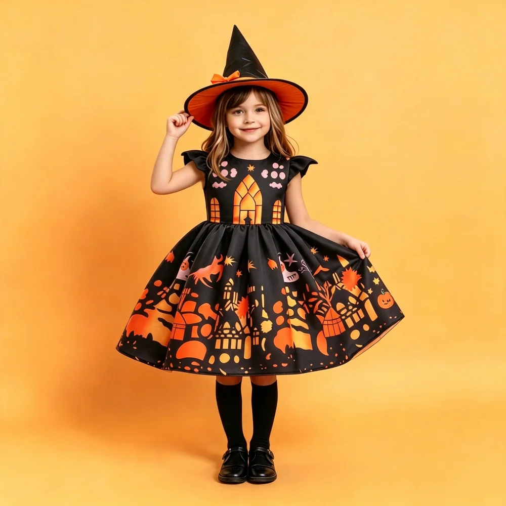 Girls' Halloween Sleeveless A-Line Dress Castle Pumpkin Lantern Printed Bow Detail Witch Role Play Masquerade Costume