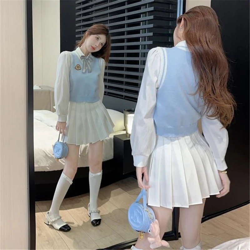 Spring 2024 Japanese Korean JK Uniform Set Light Blue Sweet Girls Knitted Vest Bubble Sleeve White Shirt A Line Pleated Skirt