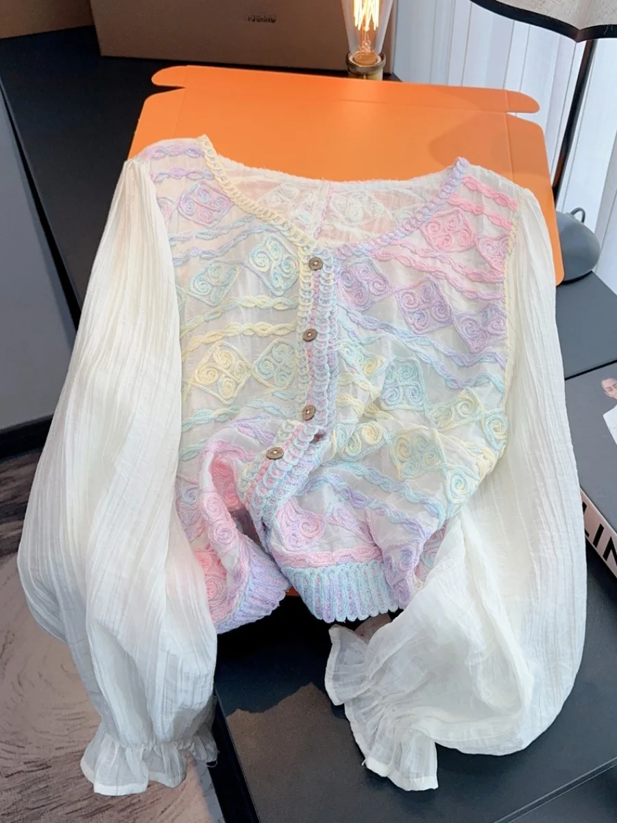 

Dopamine Design Heavy Embroidery Women's Shirt Spring Summer New Style Luxury Small Cardigan Sun Protection Top