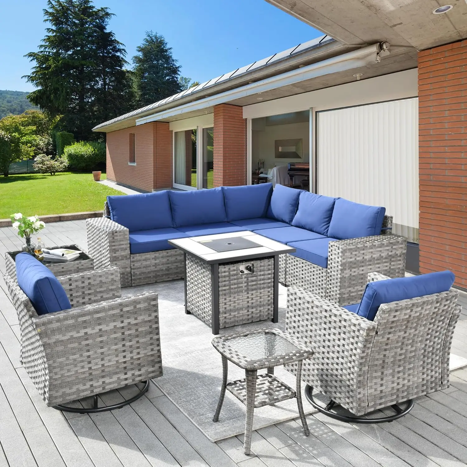 Wicker Outdoor Furniture Set, Terrace Sectional Sofa Set with Wide Armrests and Deep Seating (Navy, Set of 10)