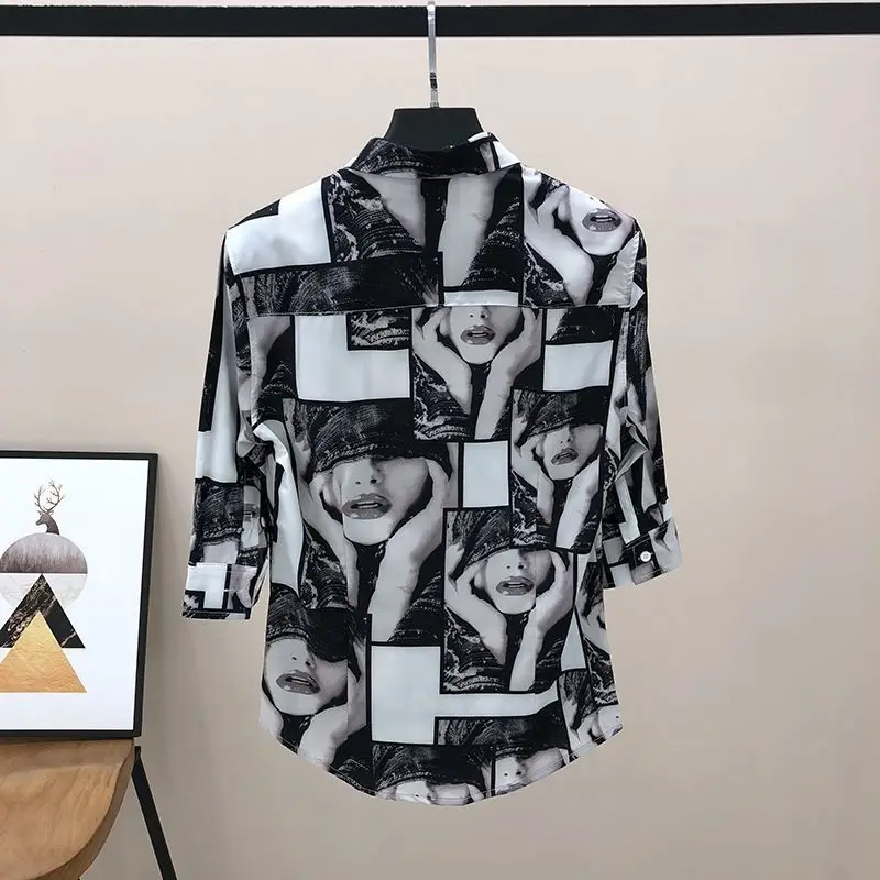 Summer New Shirt Men's Puffy Handsome Printed Korean Style Short-sleeved Fashionable Slim-fit Casual Mid-sleeved Shirt
