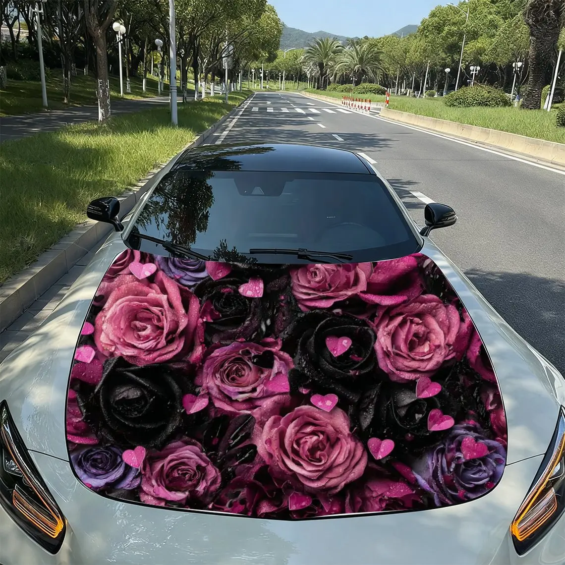 

Pink Roses And Black Roses Car Hood Sticker-UV Resistant And Waterproof Decoration,stylish Design,easy To Stick/remove,durable A