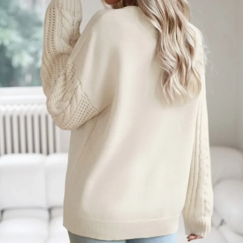 Pullover lavorato a maglia beige da donna Mujer Autunno Inverno Punto cavo Maglioni a maniche lunghe Moda femminile Causale O Collo Maglioni Top