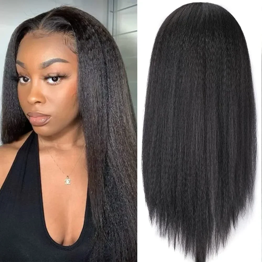 Afro Yaki Wig lurus sintetis panjang lurus untuk wanita 24 inci bagian tengah Wig serat tahan panas hitam alami penggunaan sehari-hari