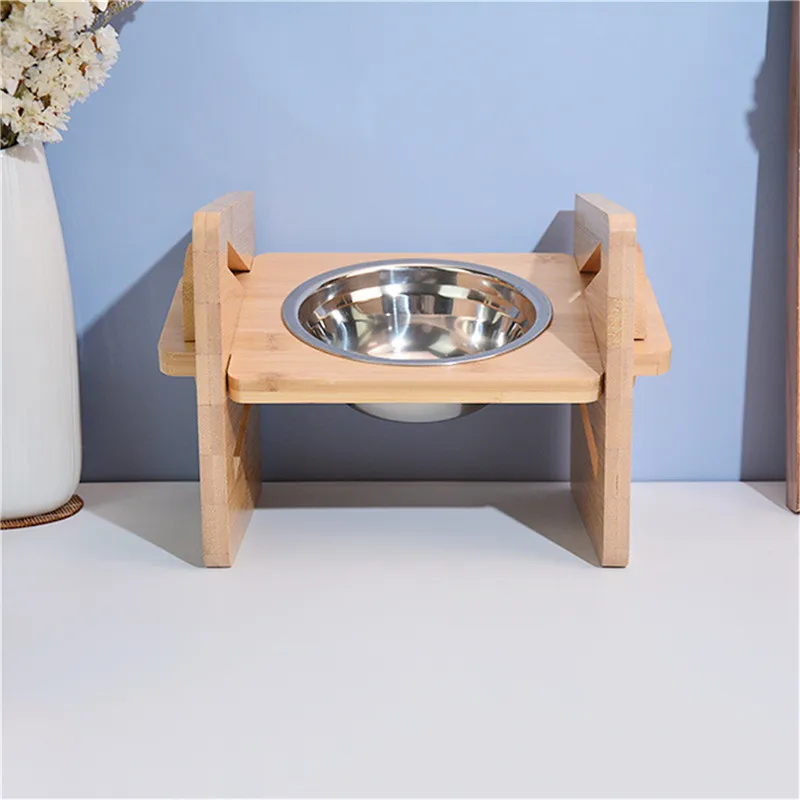 Bamboo Elevated Dog Bowls with Stand Adjustable Raised Puppy Cat Food Water Bowls Holder Rabbit Feeder for Small Medium Pet with