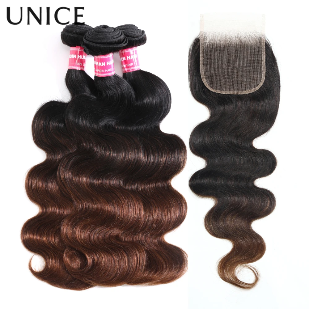UNice Chestnut Brown Ombre Body Wave Bundles With Closure 100% Human Hair 3 Bundles With 4x4 Lace Closure Make 250% Density Wig