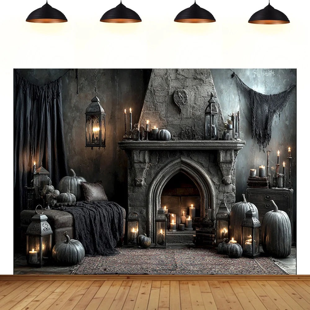 

Halloween background festival party fireplace Blue melon grey black room decoration terror photo photography Booth backdrop