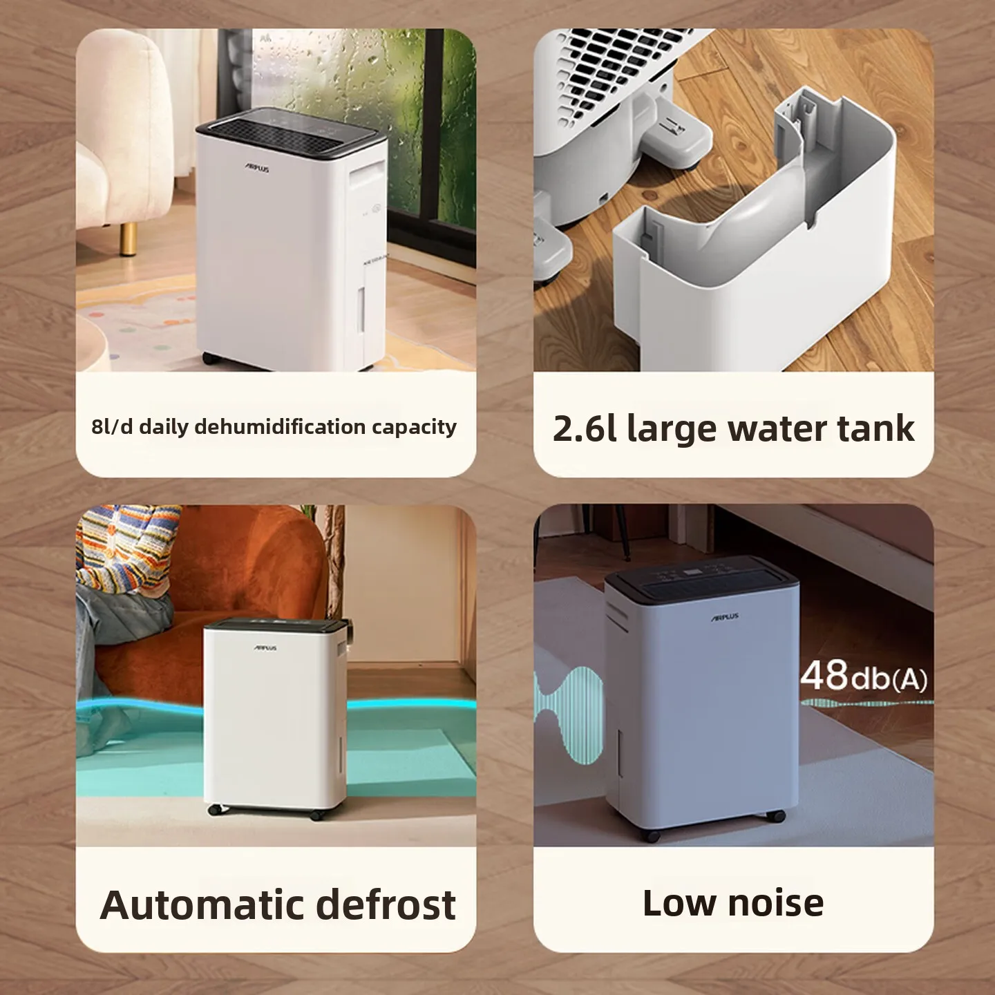 8L Per Day Home Dehumidifier, 2.6L Water Tank with Auto Defrost, Low Noise Airflow for Bedroom Living Room Humidity Control