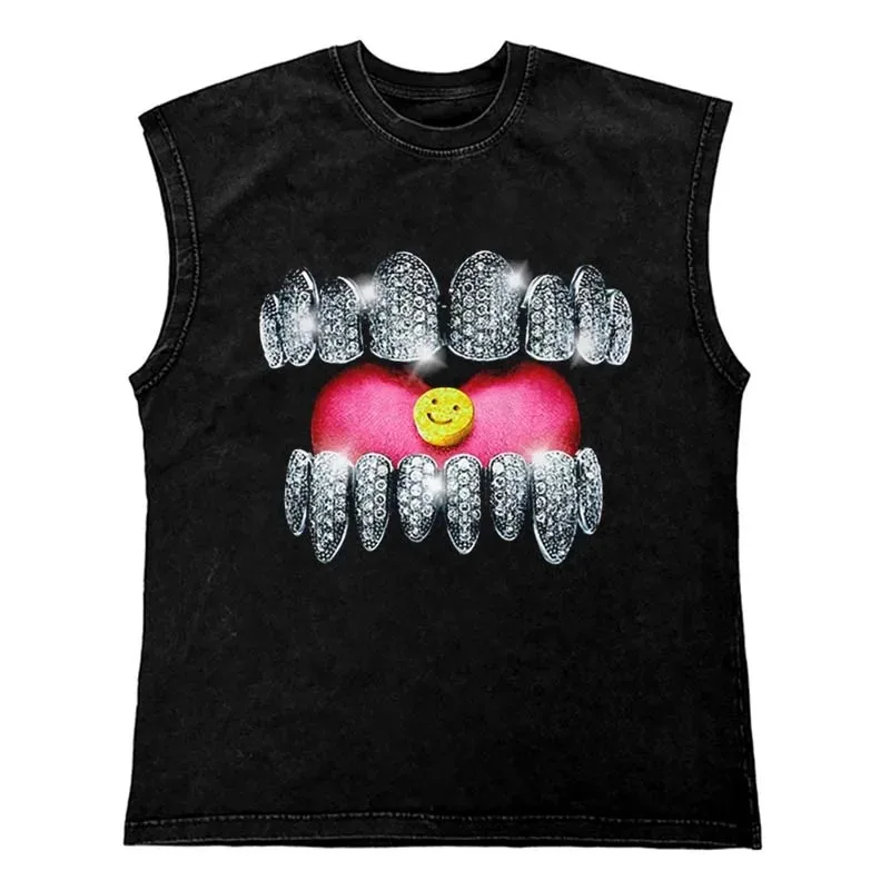 Gothic Punk Painting Print Tank Tops Hip Hop Oversized Cotton Streetwear T Shirt Custom Tanks Tops Men Washed Vest Men Clothing