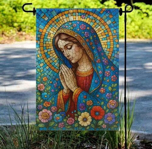 Christian Virgin Mary Garden Flag Stained Glass Blessed Mother of God AAV