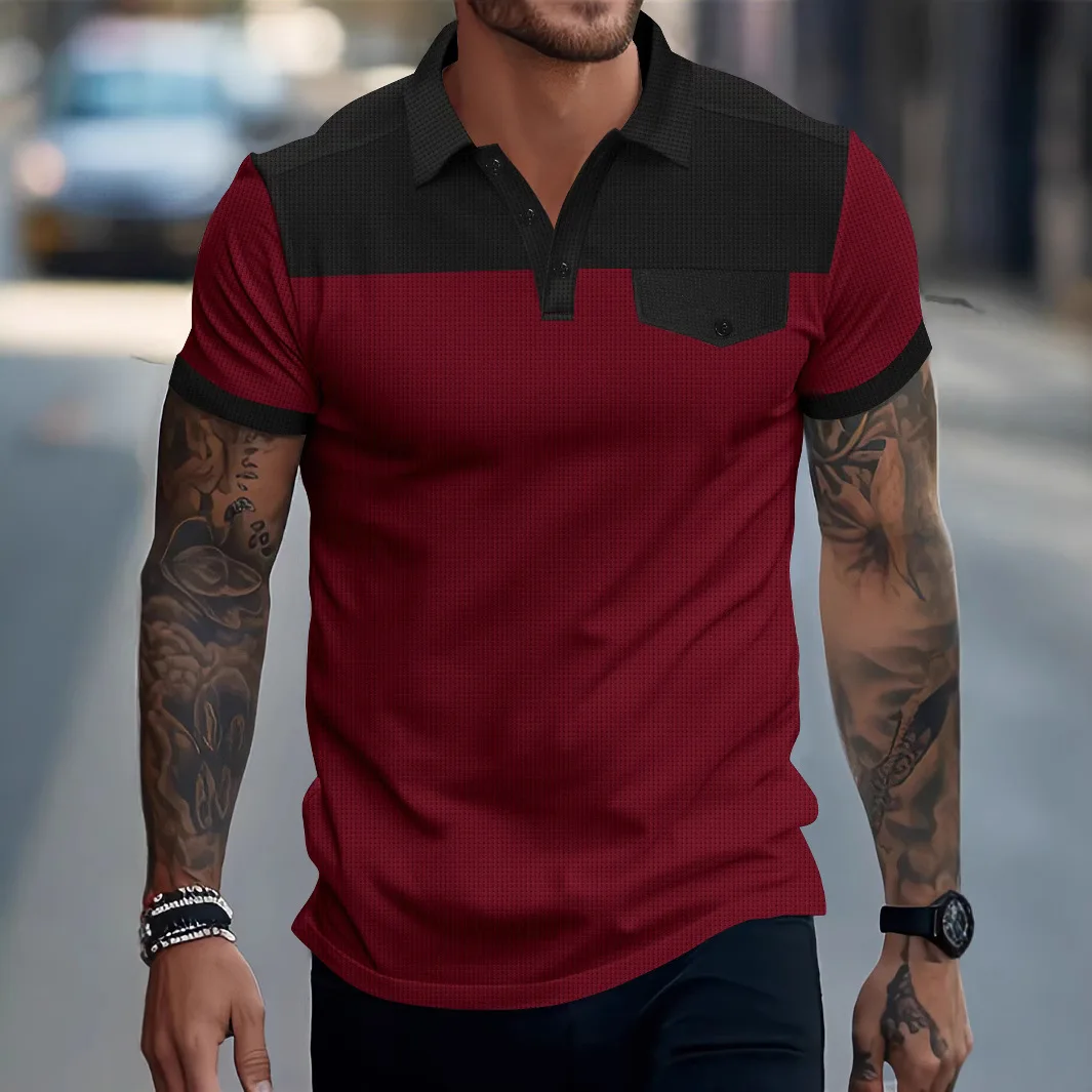 

2025 new men's waffle fabric lapel two-tone casual POLO shirt with chest pocket decoration slim and fashionable street POLO shir