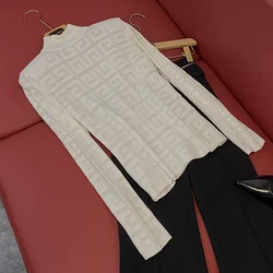 2024 Casual Sexy scava fuori Jacquard Summer Lady Streetwear manica lunga dolcevita donna Solid Slim fit Knits Tops