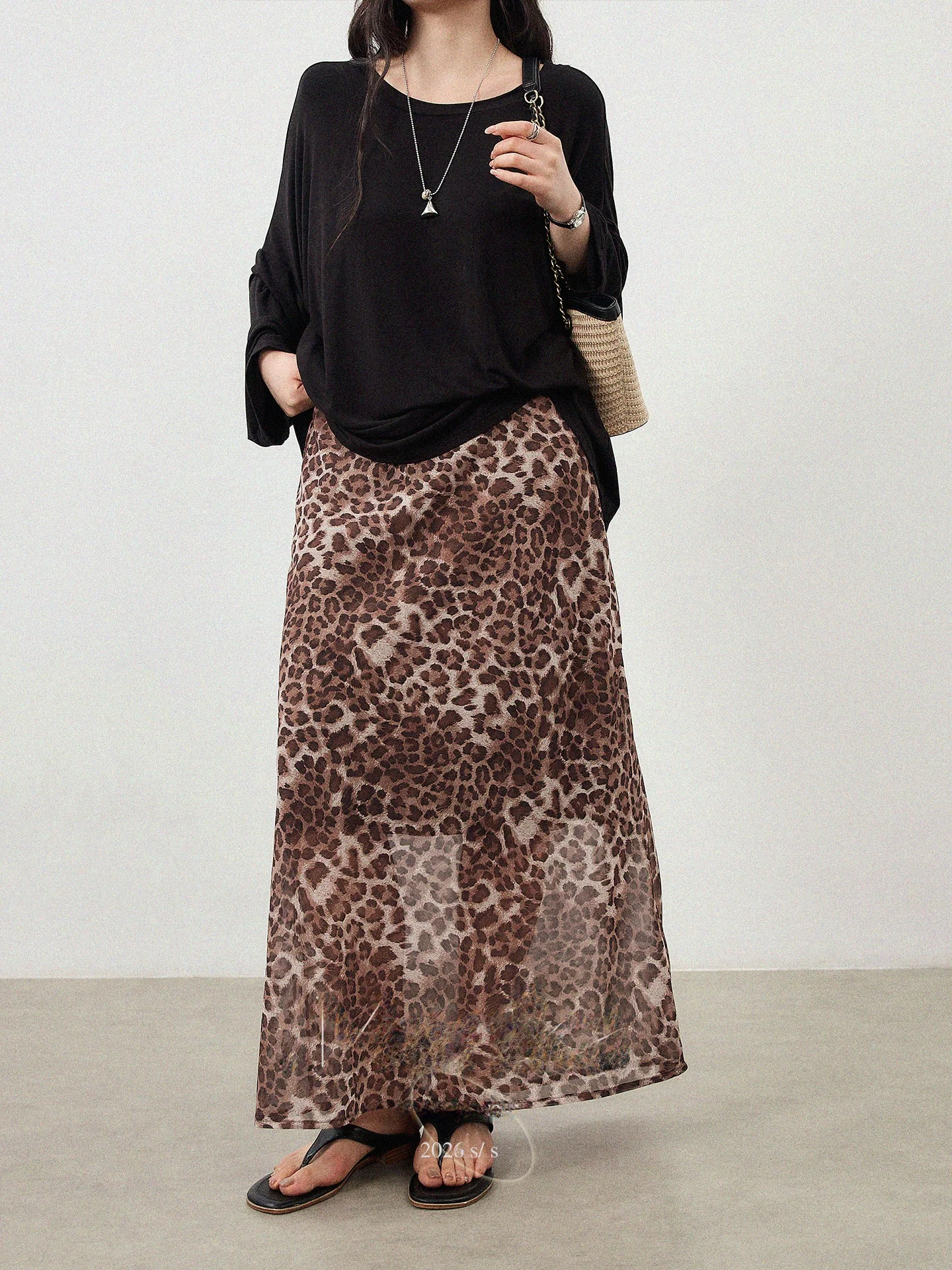 

plus Size Women's Printed Leopard Skirt High Waist Slimming Long Summer Fashionable Korean Style A-Line Skirt Polyester Fiber