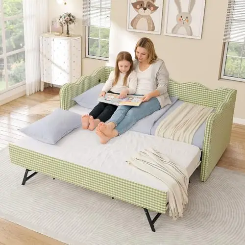 Twin Size Daybed with Pop Up Trundle, Linen Gingham Twin to King Daybed with USB Ports, Upholstered Day Bed Frame