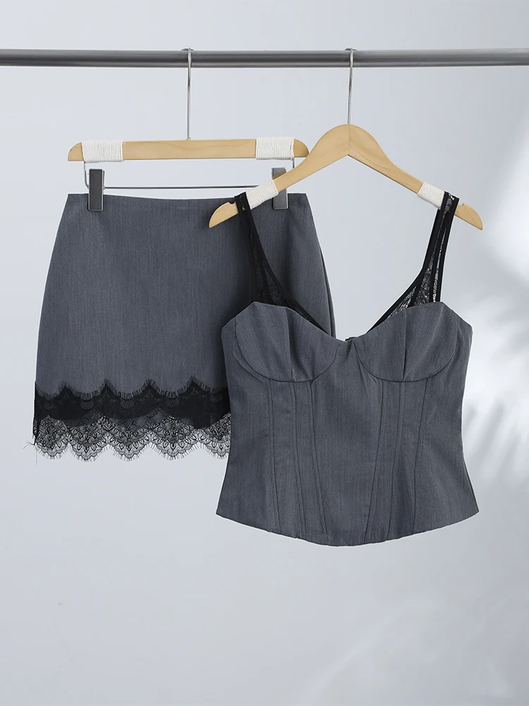 women's Urban Lace Patchwork Pleated Vest Skirt Women Set Chic Sling Crop Top Hip Package Skirts 2026 Beach Lady Outfit Suit