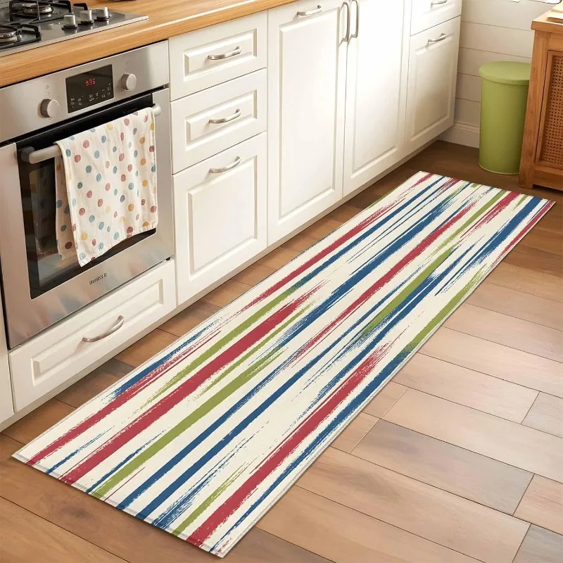 Bunter gestreifter Läufer-Teppich, minimalistischer Liniendruck, Küchenteppich, moderne Heimdekoration, saugfähige, rutschfeste Matte für Flur, Schlafzimmer