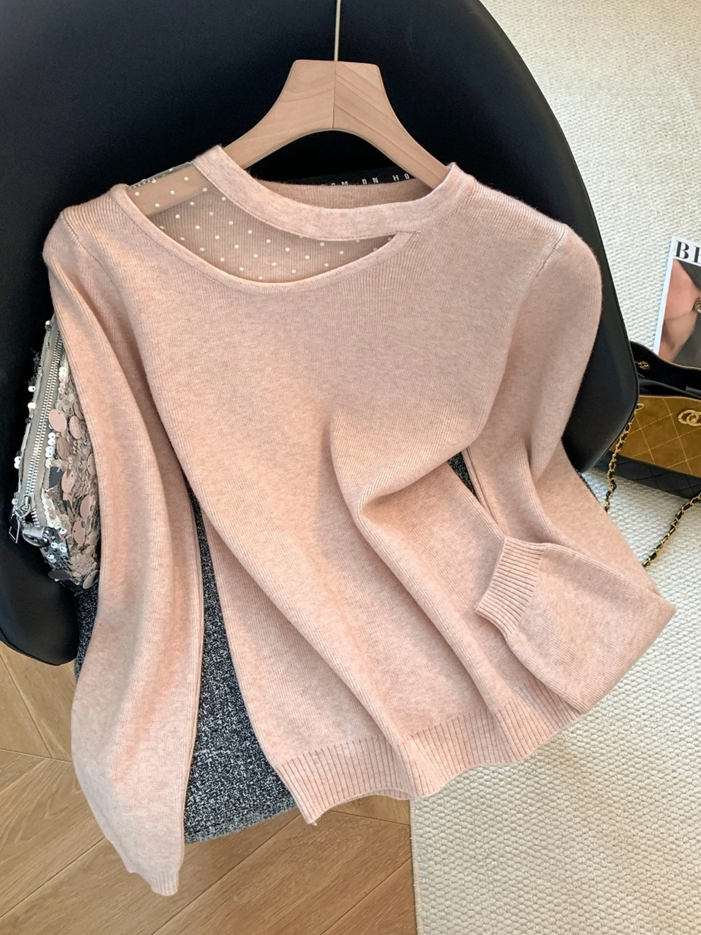 

Lace Splicing Hollow out Knitted Top Women's round Ne Long Sve Slim Fit Base Layer irt Spring Autumn New Sle Korean ...