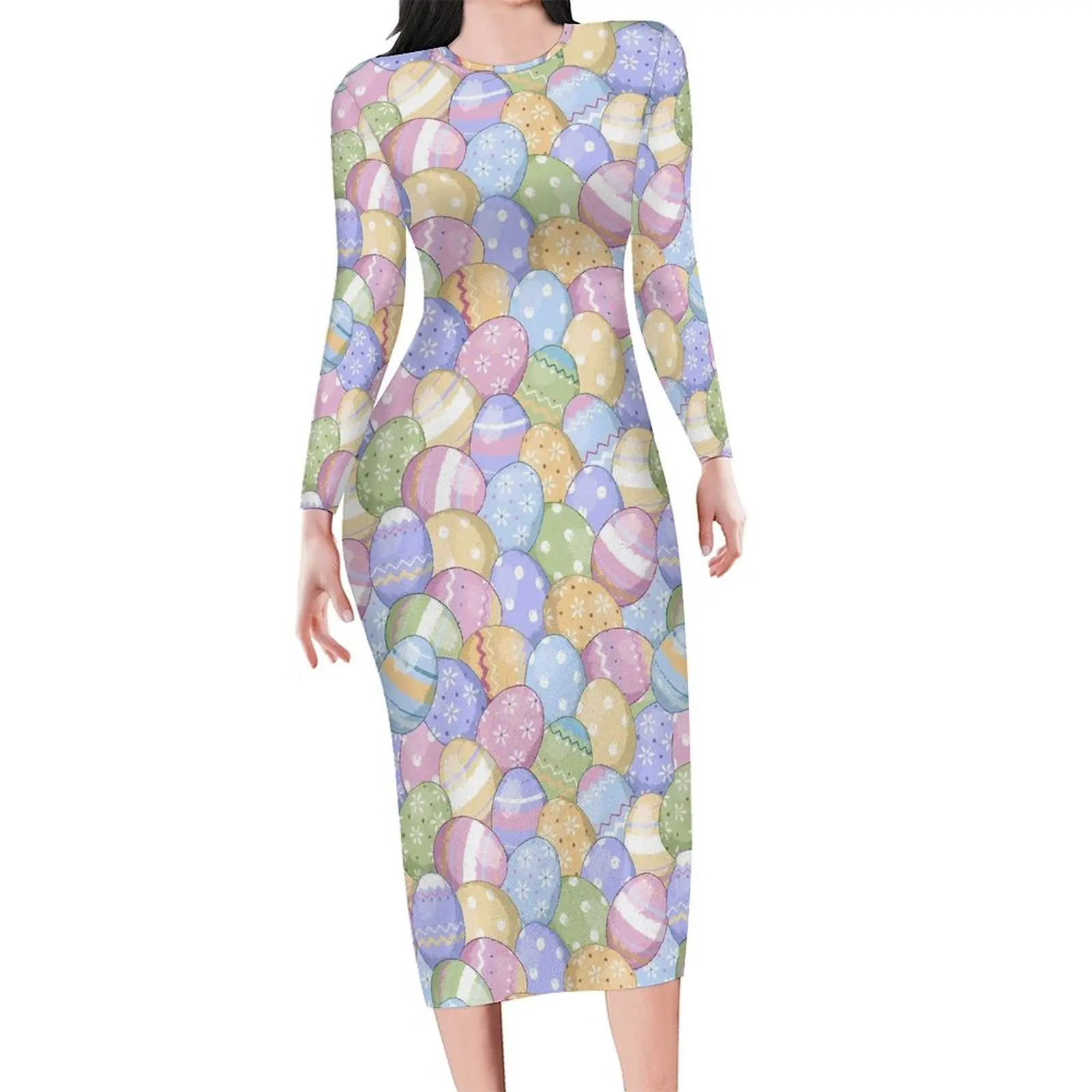 Easter Day Print Bodycon Dress Autumn Colorful Eggs Kawaii Dresses Women Long Sleeve Graphic Aesthetic Dress 3XL 4XL 5XL